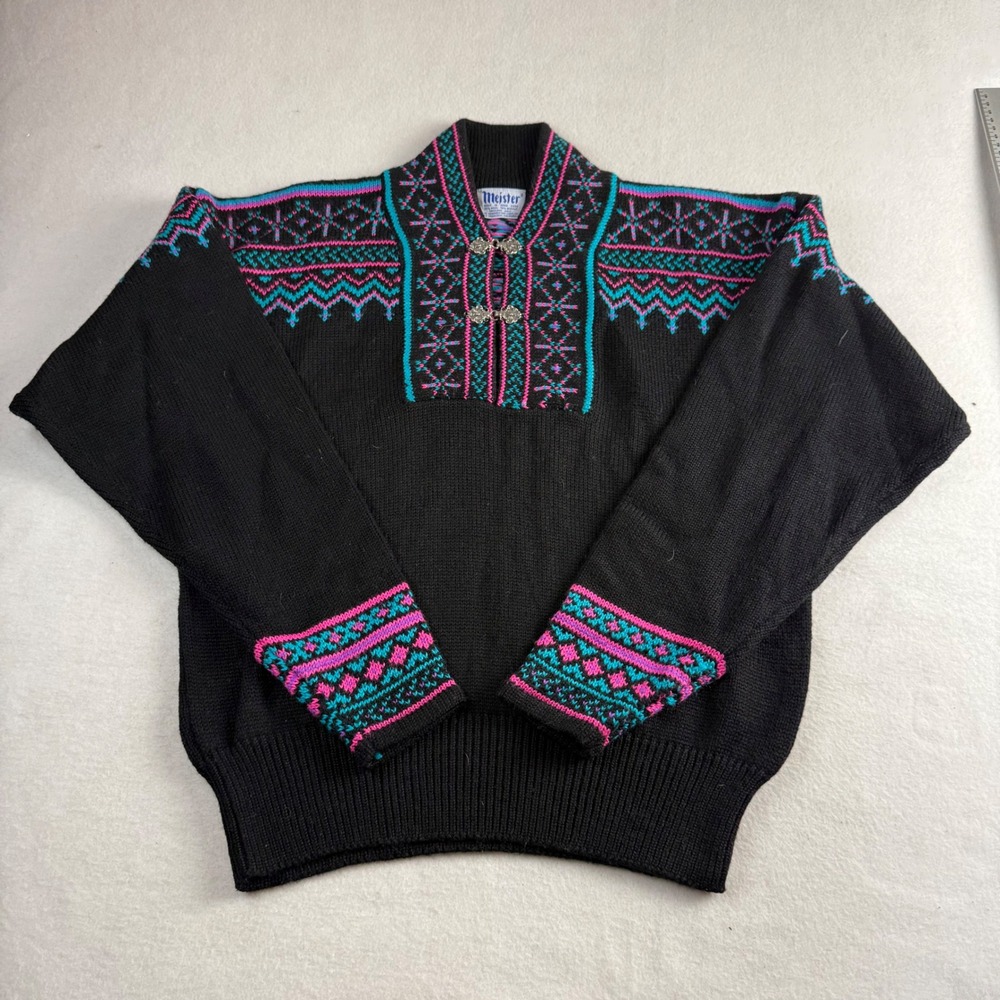 Vintage Meister Nordic Wool Blend Sweater Black Pink Teal Silver Clasps Size‎ M